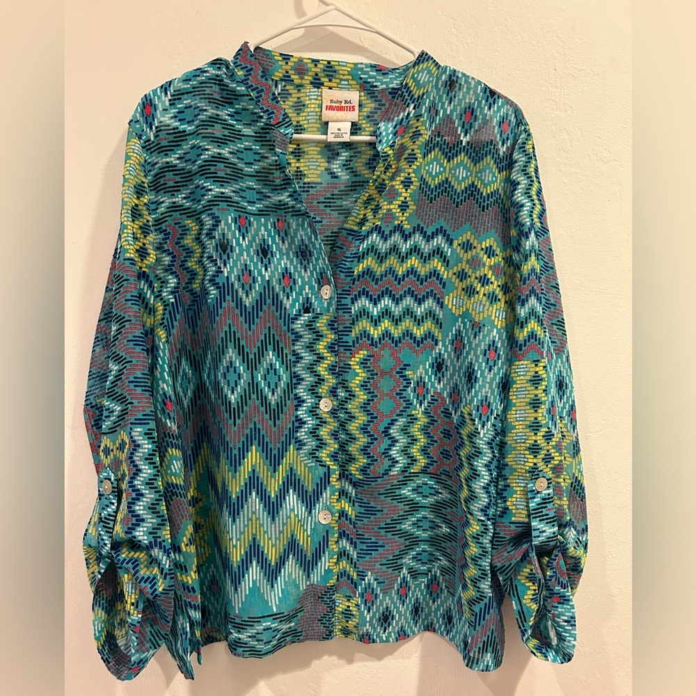 RUBY RD FAVORITES Blouse Top Shirt Semi Sheer Multicolor Button Down Size 16